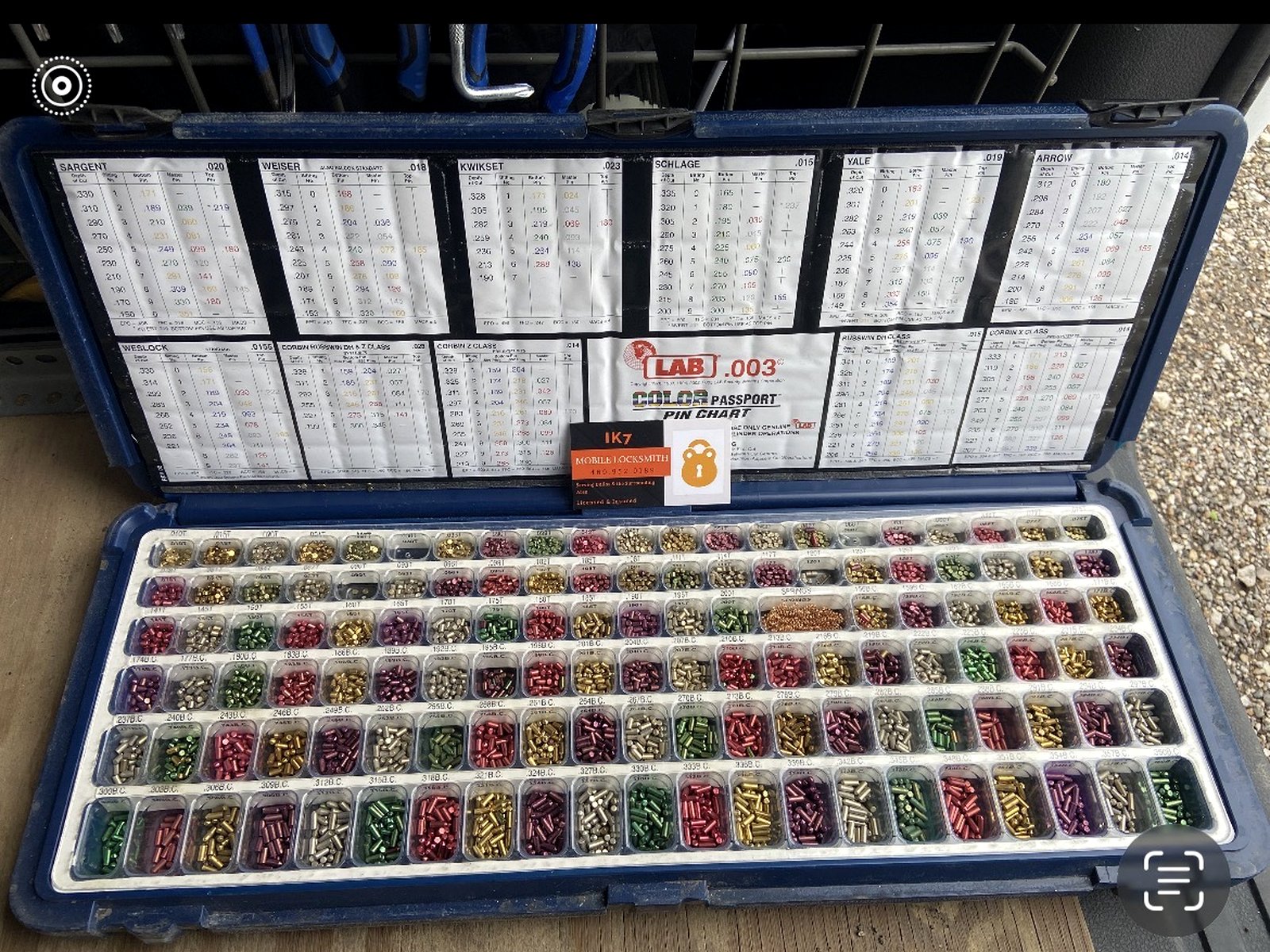 LAB pin kit with colored pins and IK7 Locksmith business card