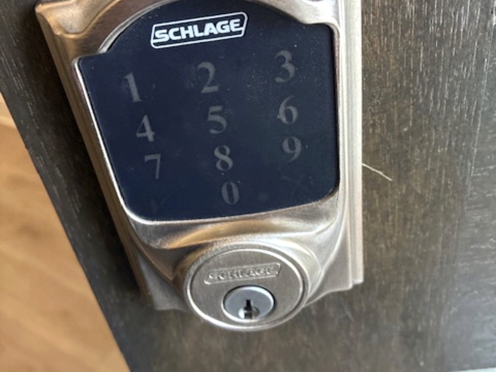 Installed Schlage electronic keypad smart deadbolt